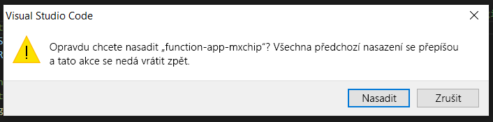 Screenshot of Visual Studio Code alert confirmping deployment of Azure function to the cloud.