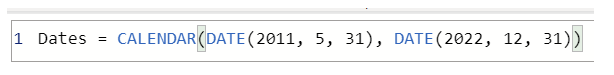 Snímek obrazovky se vzorcem CALENDAR v Power BI