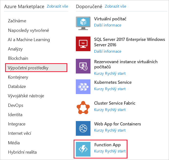 Snímek obrazovky s kategorií Compute a možností služby Function App Service