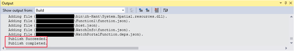 Snímek obrazovky s oknem Výstup v sadě Visual Studio Výstupní zprávy označují, že funkce byly úspěšně publikovány.