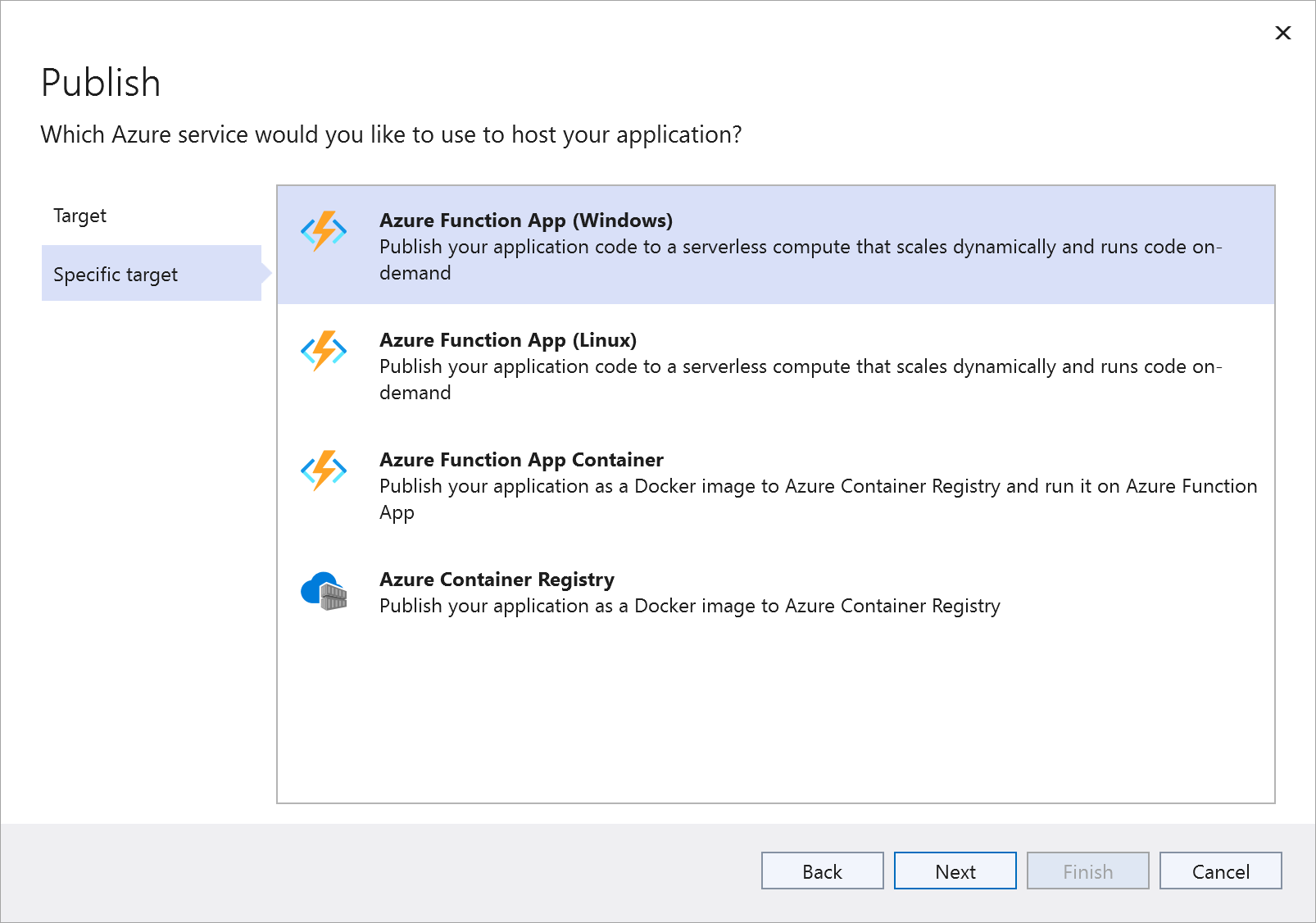 Snímek obrazovky s oknem Publikovat konkrétní cíl se zvýrazněnou možností Aplikace funkcí Azure (Windows)
