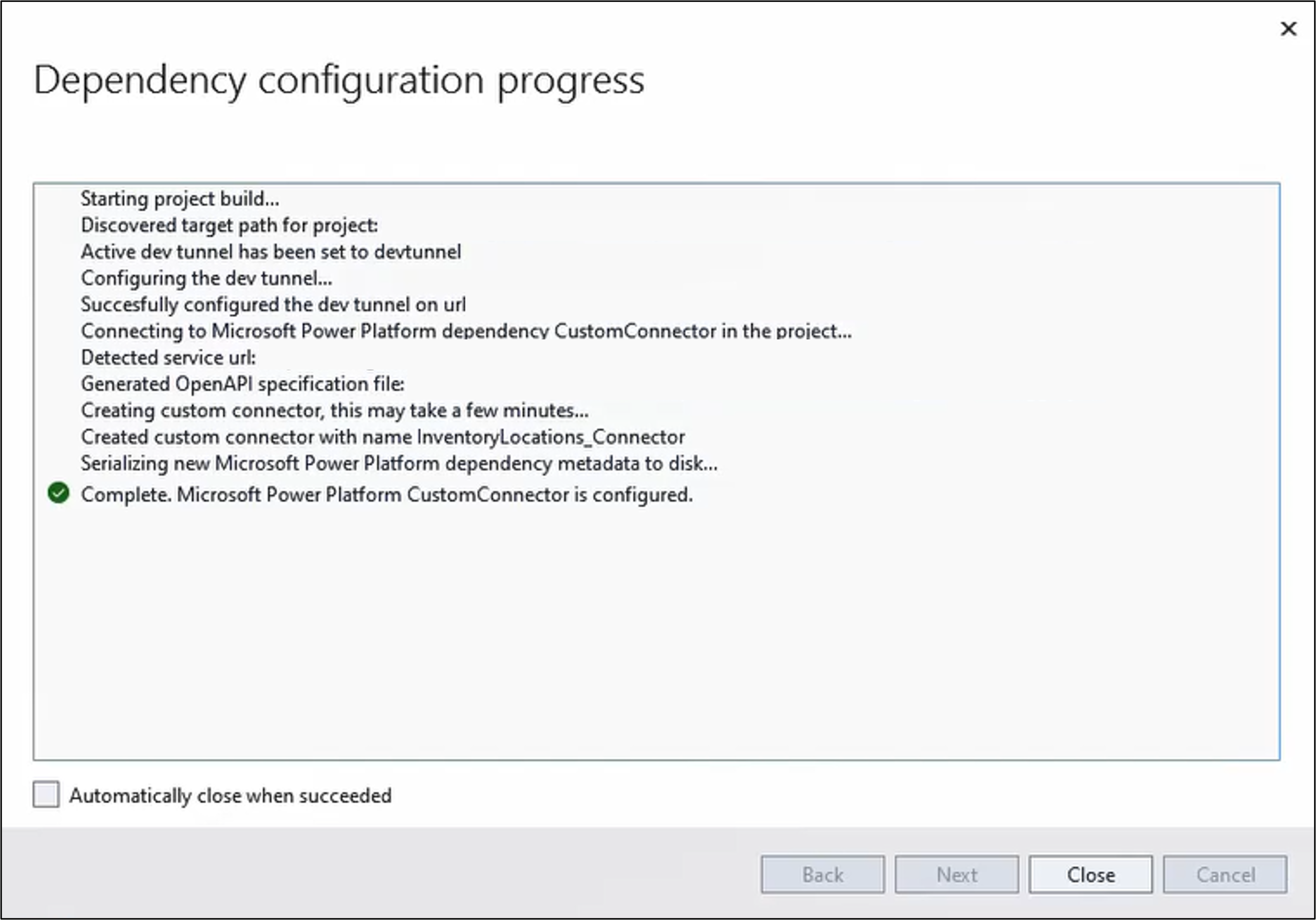 Screenshot of the connected service configuration process completing.