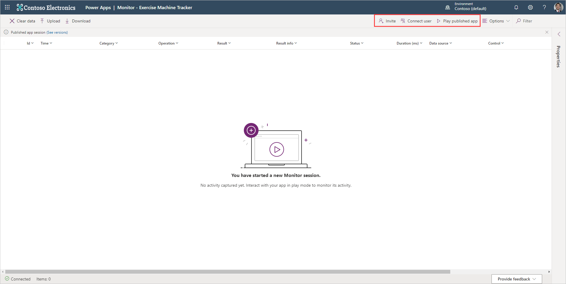 Screenshot of an empty dashboard with the buttons in the ribbon highlighted to Invite, Connect user, or Play published app.