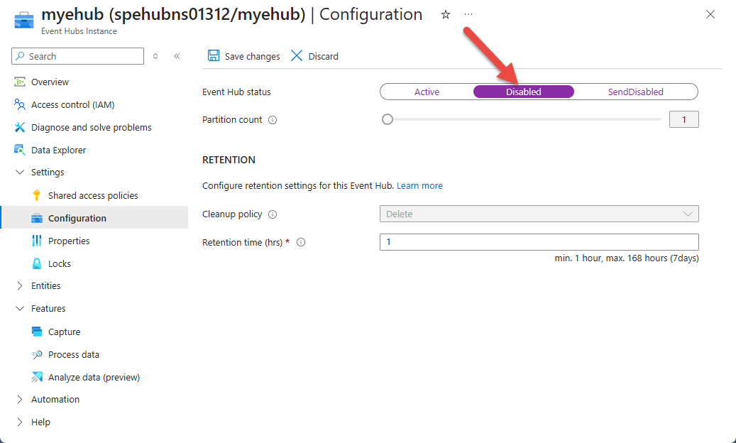 Zakažte službu Event Hubs.