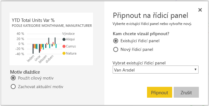 Snímek obrazovky s dialogovým oknem Připnout na řídicí panel