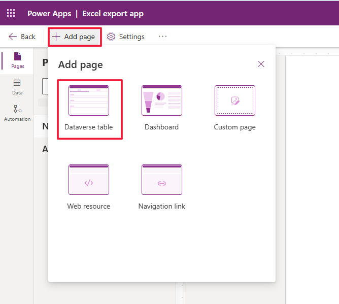 Screenshot of the app designer in Power Apps. Focus is on the Add page option and the Dataverse table option.