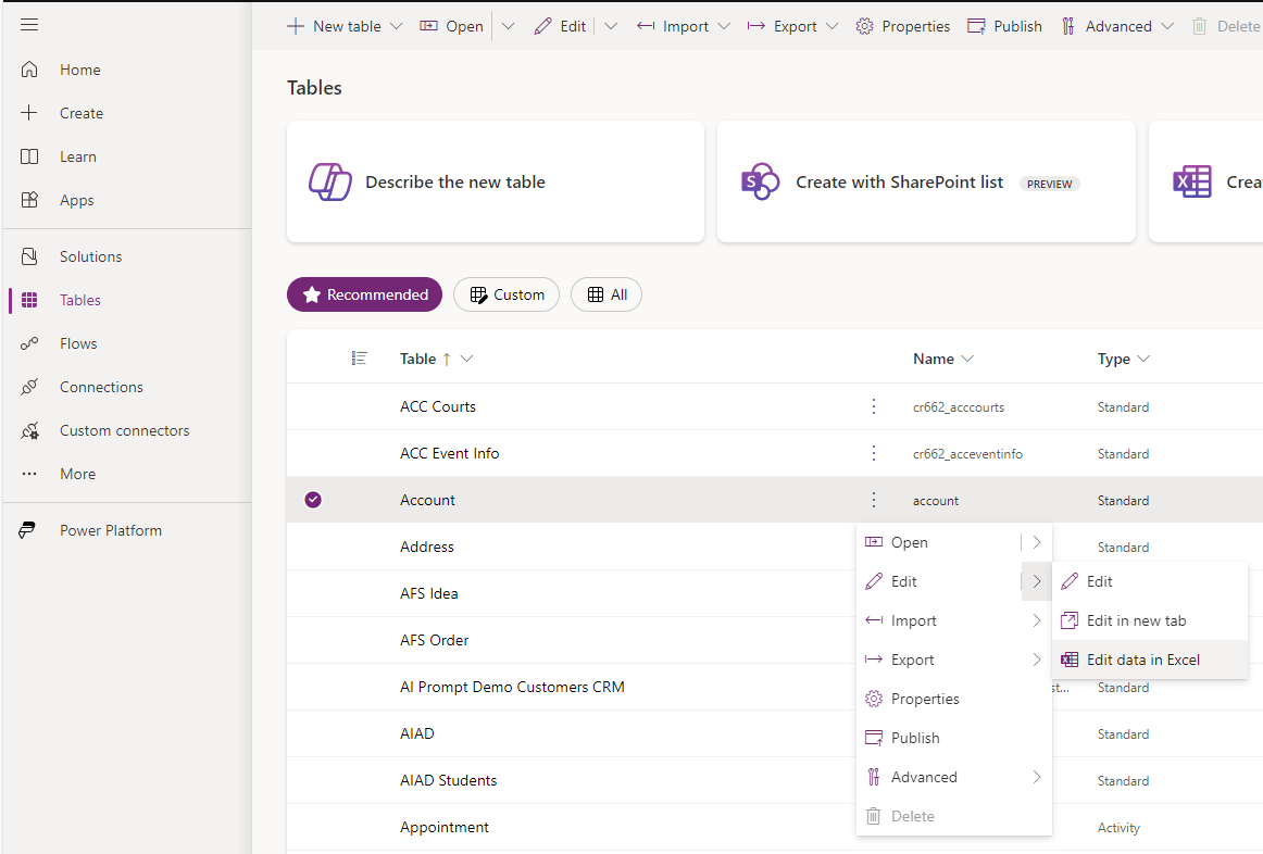 Screenshot of the Power Apps portal, showing the Account table and the Edit data in Excel option selected from the Edit menu.