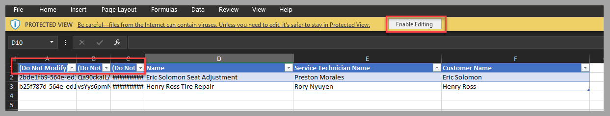 Screenshot of an Excel spreadsheet. Focus is on Enable Editing and hidden columns.