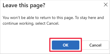 Screenshot of the Leave this page notification message. Focus is on the OK option.