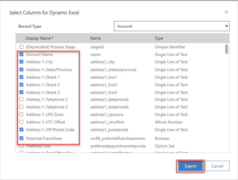 Screenshot of the Select Columns for Dynamic Excel form. Focus is on the list of columns and the Export option.