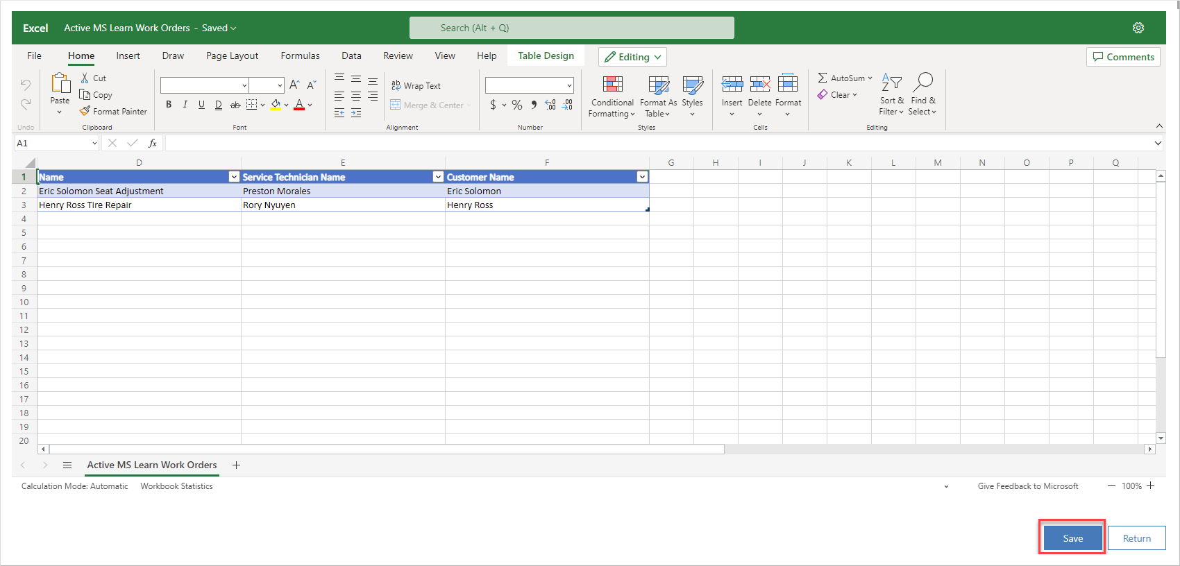 Screenshot of an Excel Online spreadsheet. Focus is on the Save option.