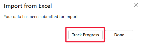 Screenshot of the Import from Excel form. Focus is on Track Progress.