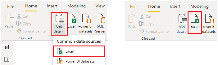 Snímek obrazovky s rozevírací nabídkou Pro získání dat na pásu karet Domů vyberte excel.