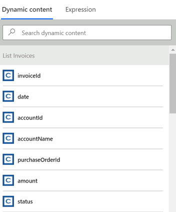 Screenshot showing the list of dynamic content from the connector.