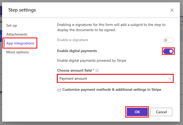 Screenshot of the Add step window with the App integrations fields highlighted.