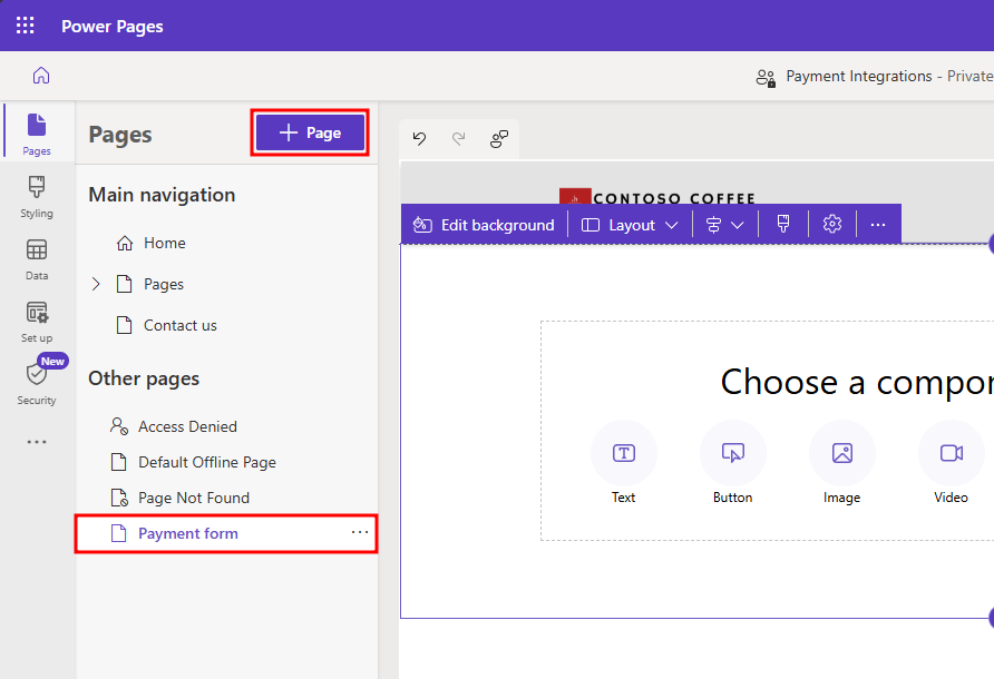 Screenshot of the Power Pages design studio with an empty page displayed and the add Page button highlighted.