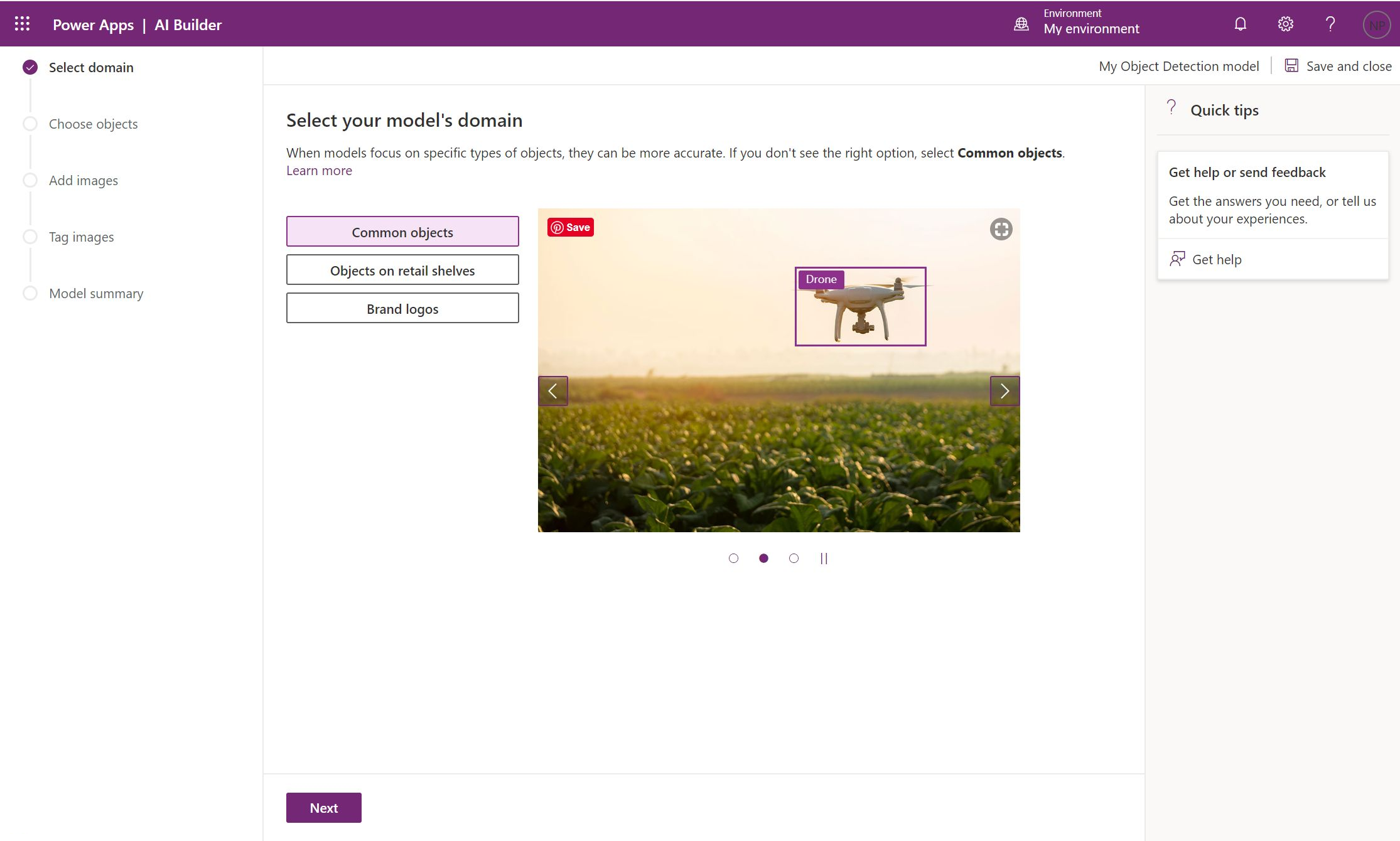 Screenshot of Power Apps A I Builder on the "Select domain" step offers Common objects, Objects on retail shelves, and Brand logos options