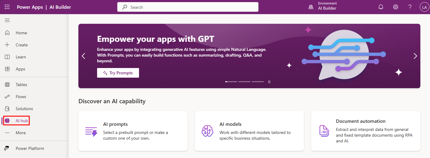 Screenshot of AI Builder within Power Apps on the AI hub tab.