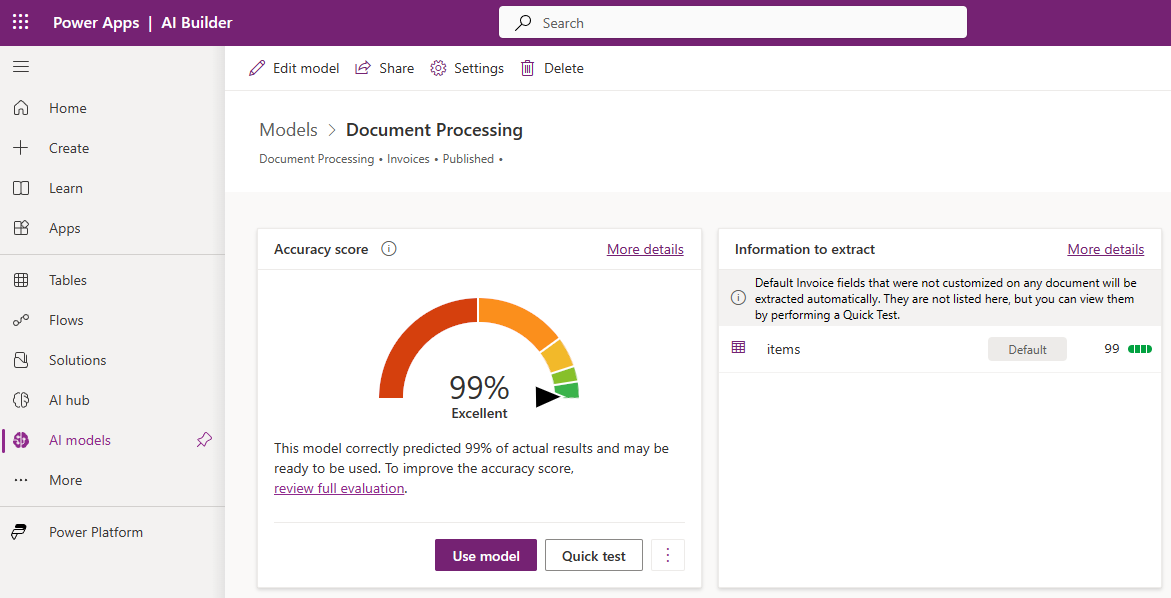 Screenshot of the Document Processing model's details page under the AI models tab.