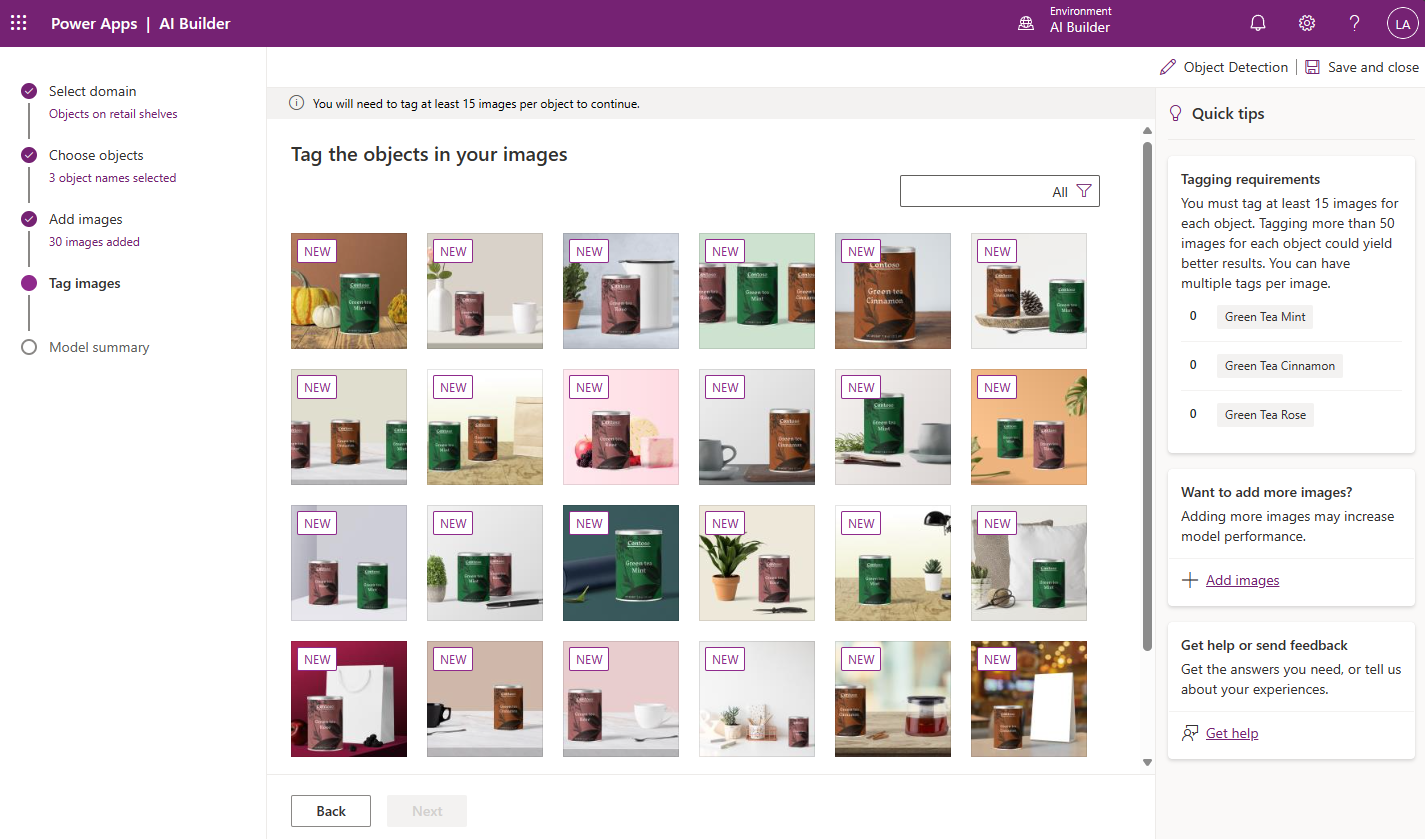Screenshot of AI Builder dashboard showing an Object Detection model training process of tagging images.