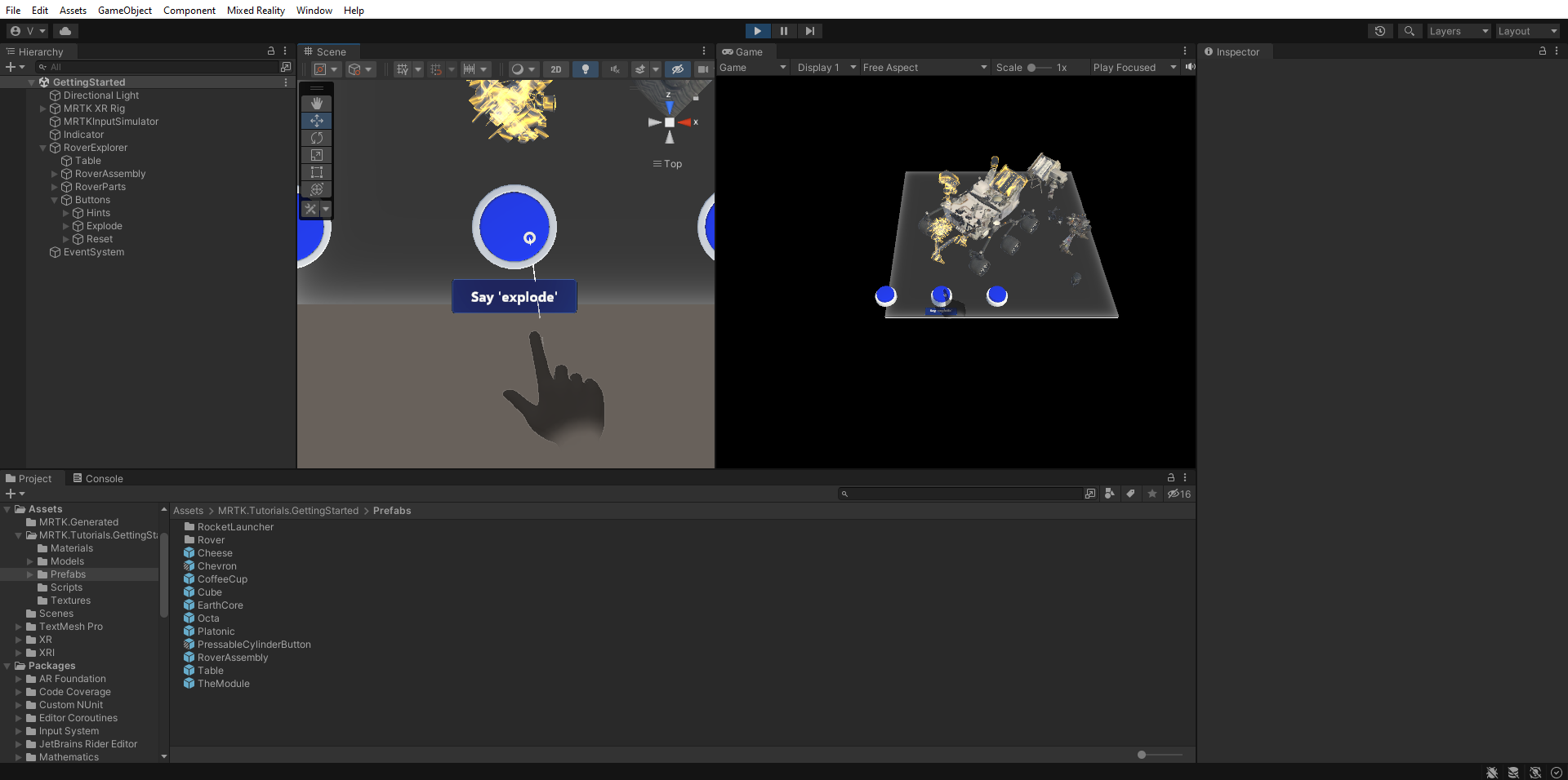 Screenshot of Unity Play mode split view with Explode button being pressed.