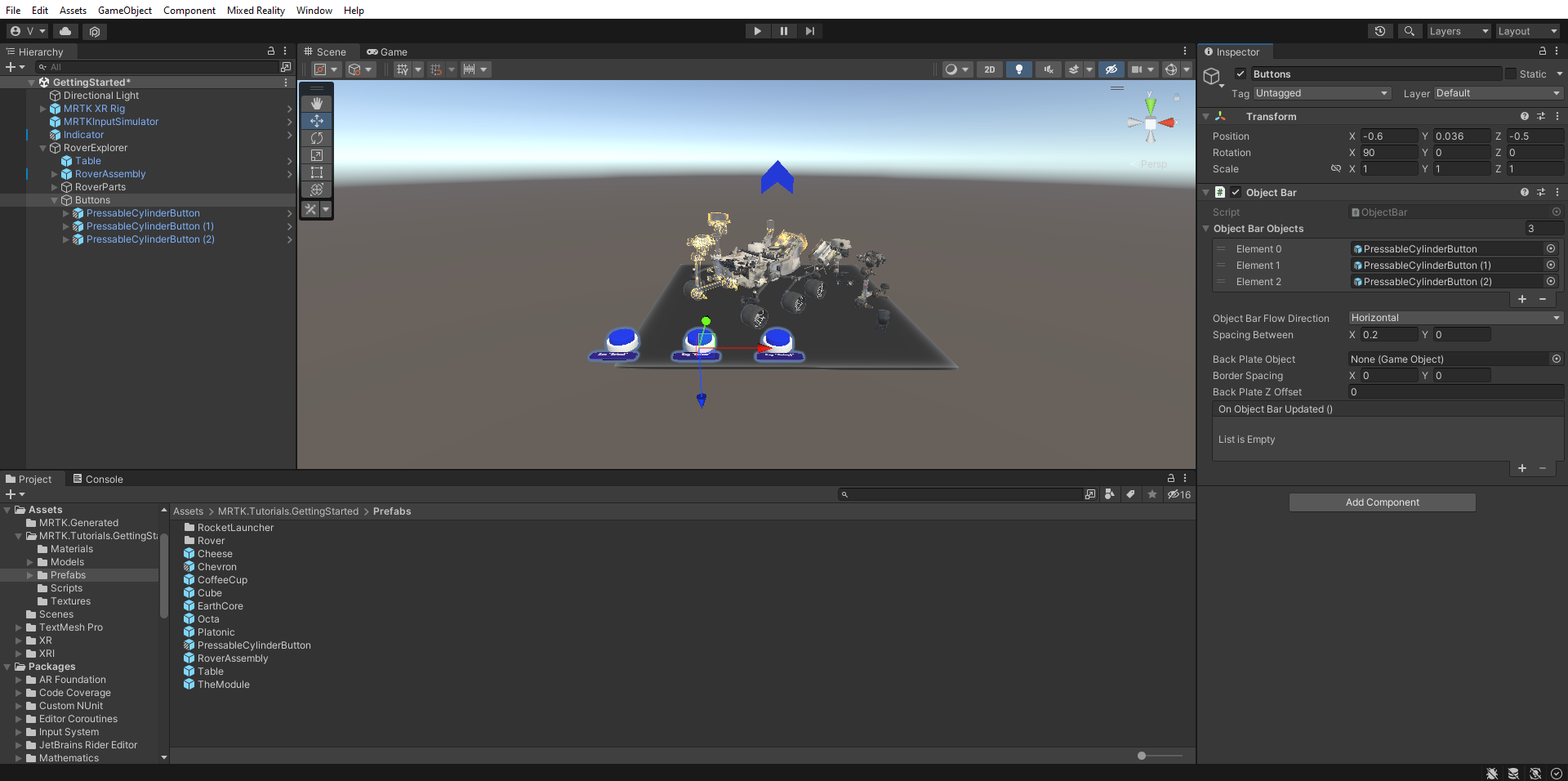 Screenshot of Unity Buttons object with GridObjectCollection component added, configured, and applied.