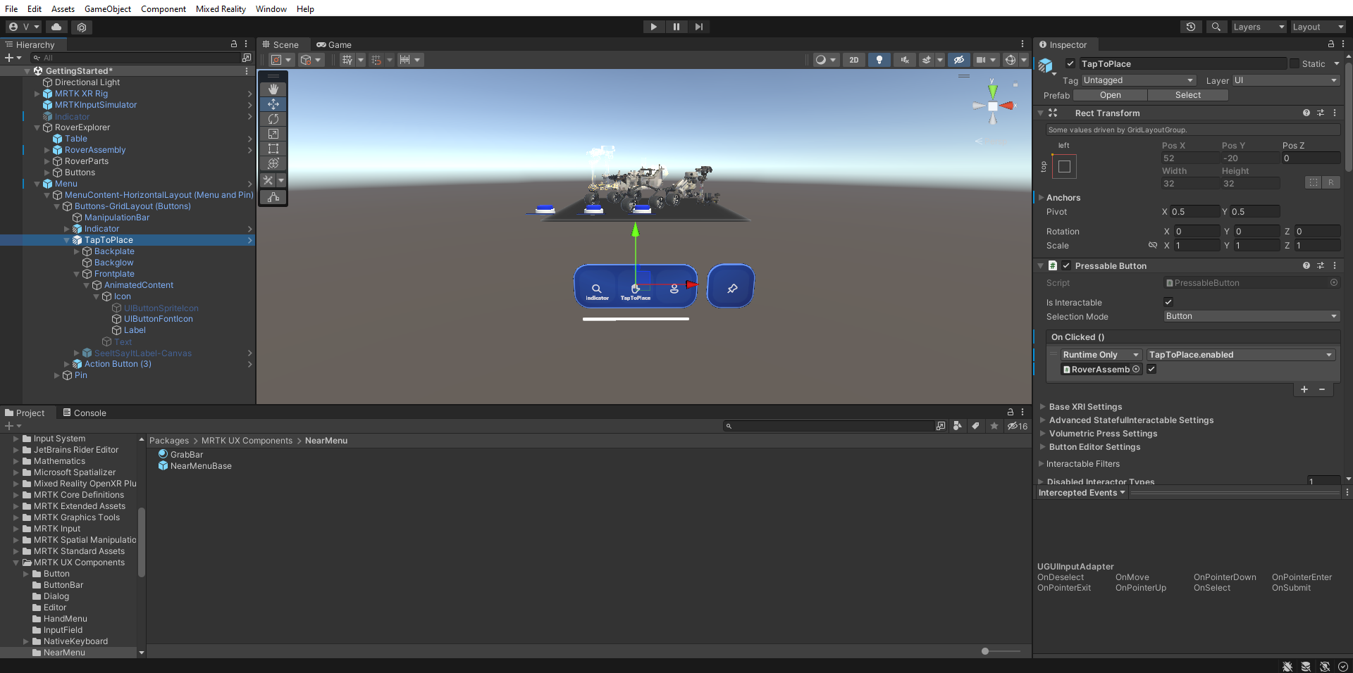 Screenshot of Unity with TapToPlace button object Button Config Helper configured.