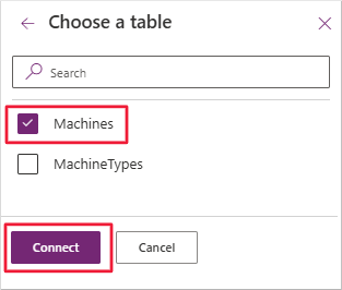 Screenshot of Choose a table prompt and Coffee Machines selected and Connect button highlighted.