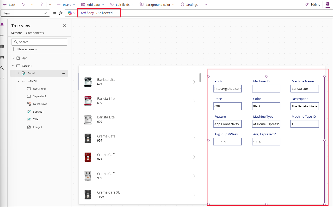 Screenshot of Form1 with items property as Gallery1.Selected. All the fields on the form are populated.
