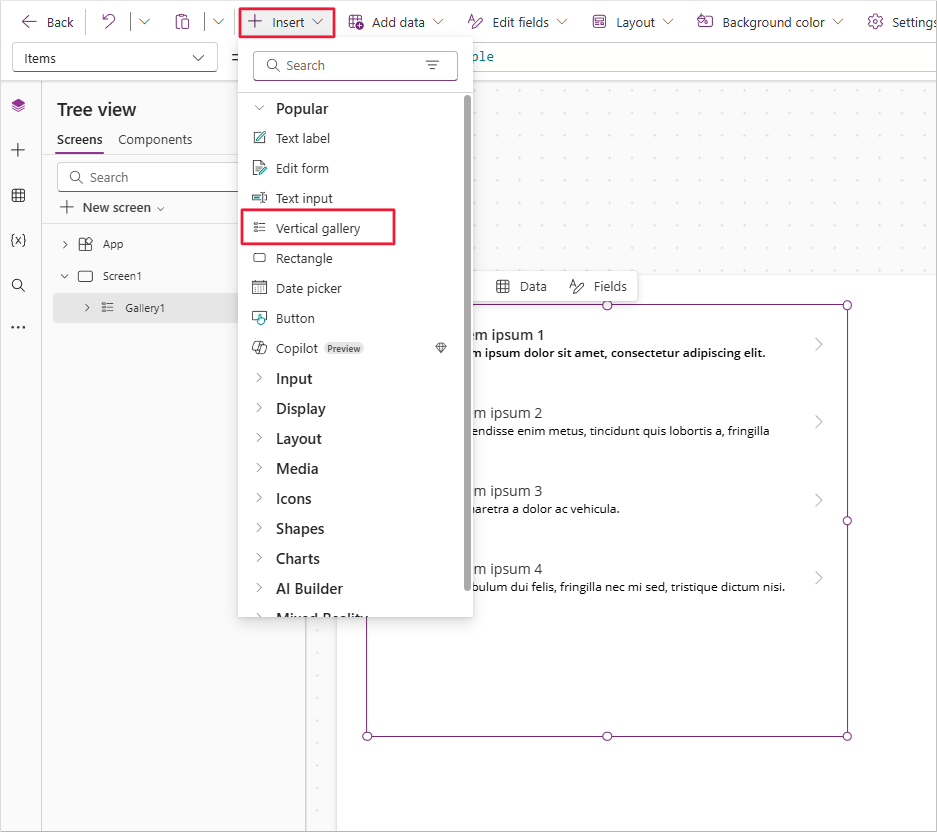 Screenshot of Gallery1 highlighted and Insert and vertical gallery highlighted.