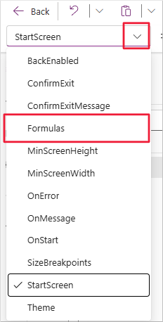 Screenshot of the Property dropdown with focus on the Formulas property.