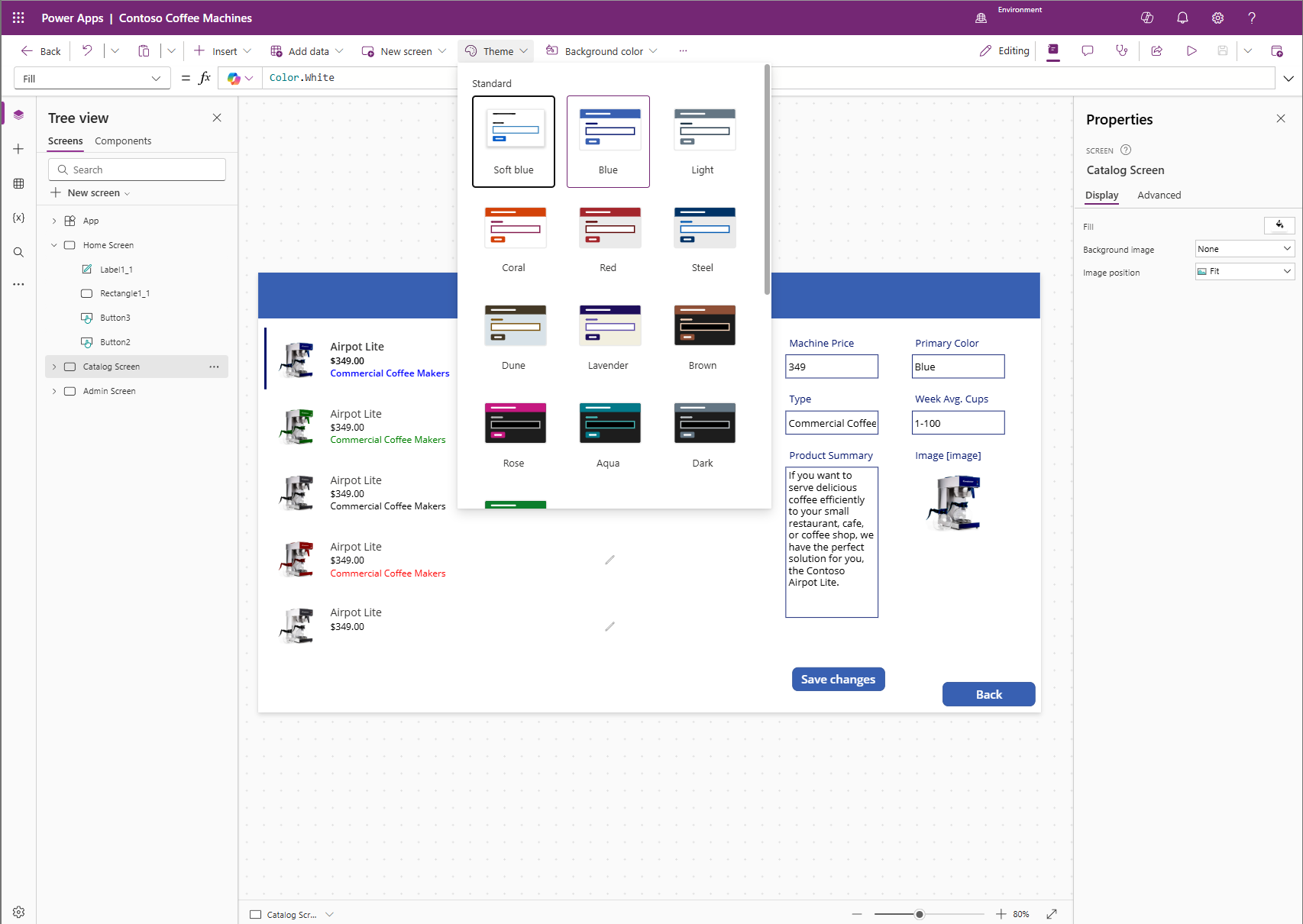 Screenshot of the theme menu in the command bar.