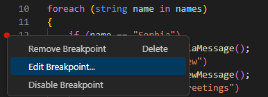 Snímek obrazovky znázorňující možnost úpravy zarážky v editoru Visual Studio Code