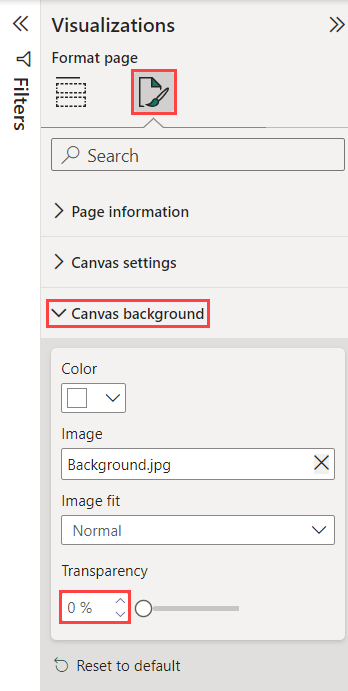  Snímek obrazovky zobrazující podčást pozadí plátno na kartě Vizualizace se zvýrazněním hodnoty průhlednosti