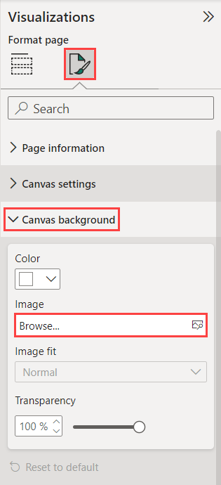Snímek obrazovky zvýrazní umístění tlačítka Procházet v části plátno Pozadí.