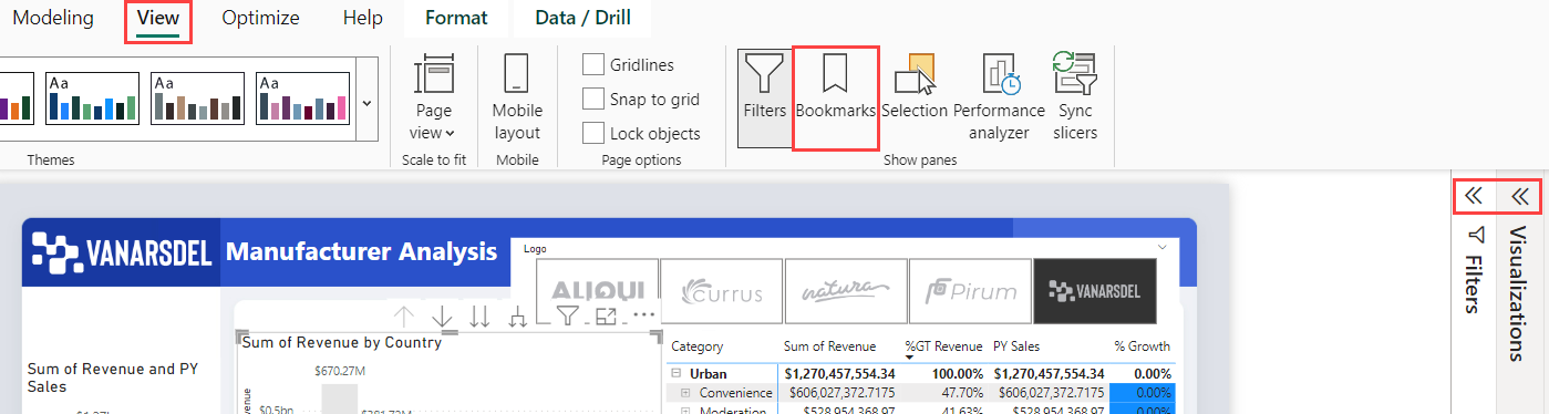 Snímek obrazovky zvýrazní záložky odznačené v podokně Zobrazení a zvýrazní tlačítka pro rozbalení a sbalení podoken Filtry a Vizualizace.