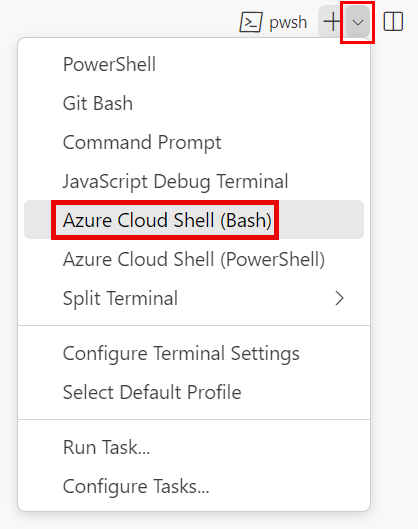 Snímek obrazovky okna terminálu editoru Visual Studio Code s rozevíracím seznamem prostředí terminálu a vybranou možností Výchozí git Bash