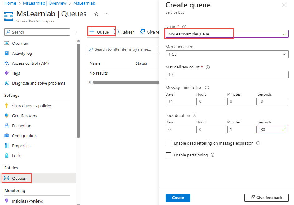 Screenshot of the Create new queue process.