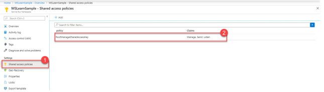 Screenshot of Shared access policies and policy details.