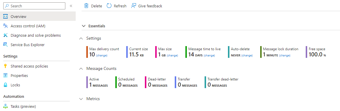Screenshot of the account creation message in Service Bus queue.