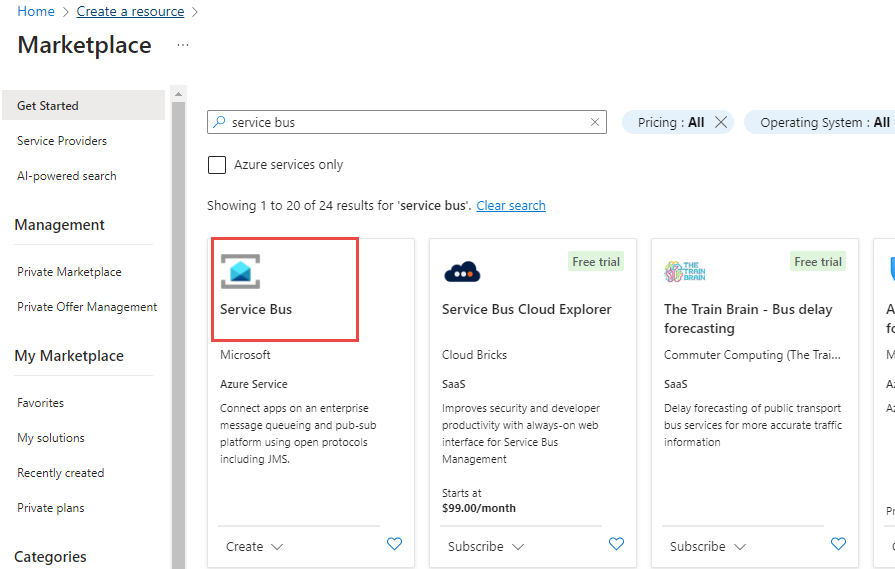 Screenshot of Create a resource, Integration and Service Bus options.