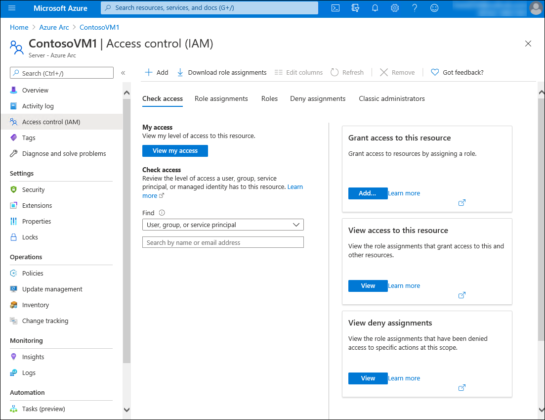 Screenshot of the Access control (IAM) page in the Azure portal for the selected VM: ContosoVM1. The details pane displays a number of tabs: Check access (selected), Role assignments, Deny assignments, Classic administrators, and Roles.