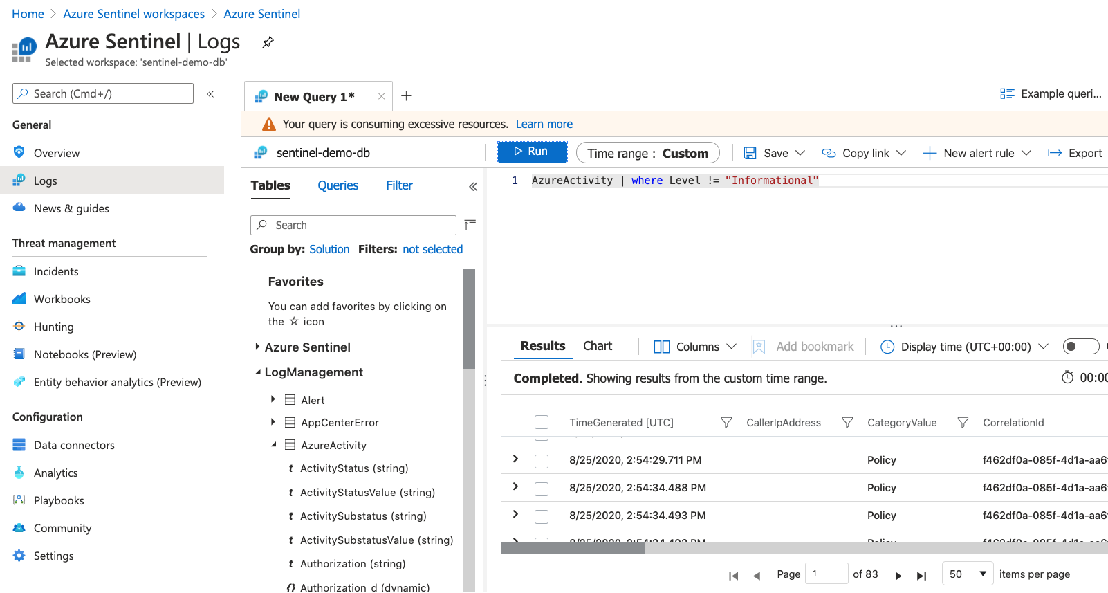 Screenshot showing the Log Analytics interface in the Azure portal.