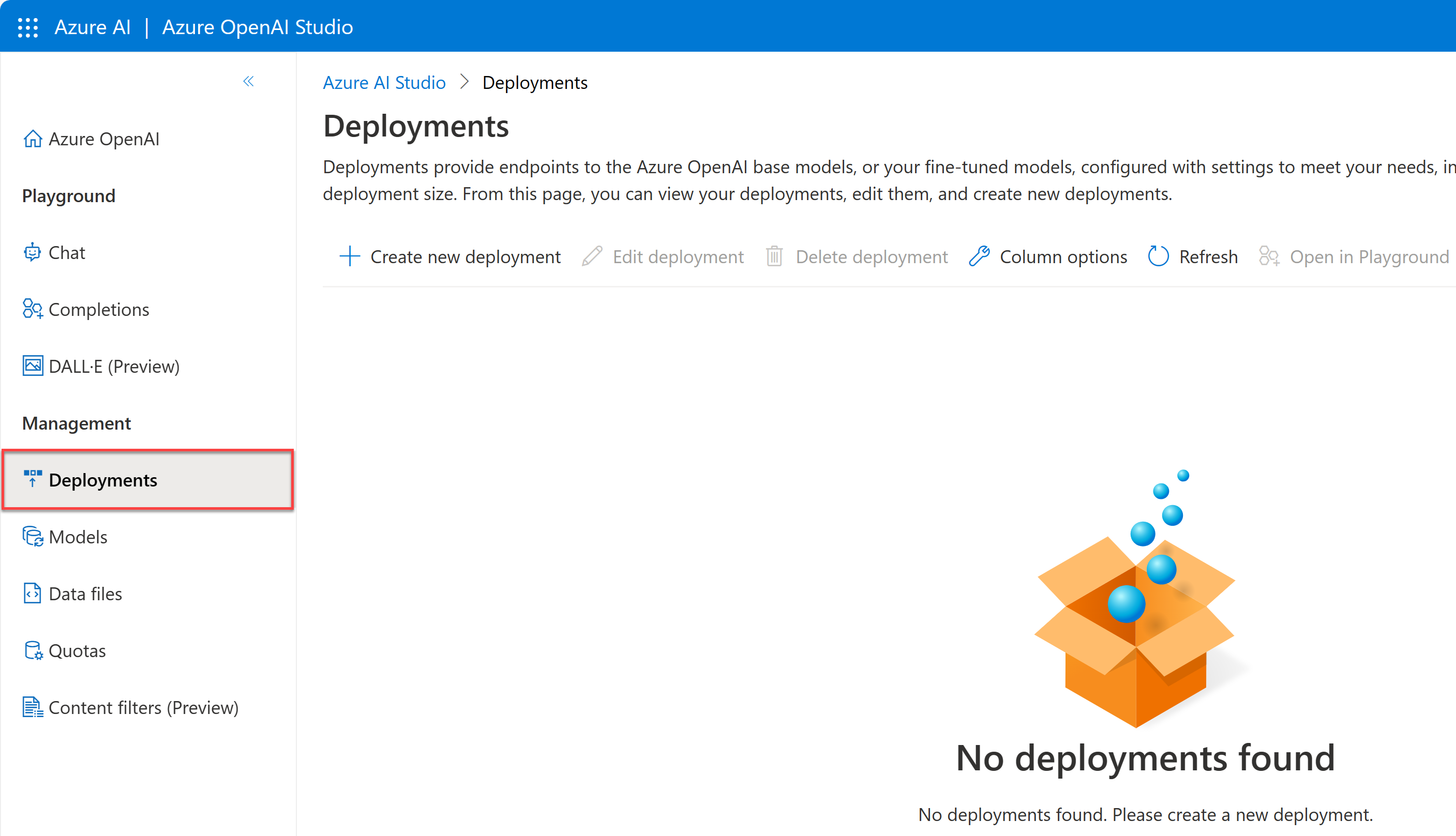Snímek obrazovky Azure OpenAI Studia, ve kterém je zvýrazněná karta Nasazení s červeným rámečkem