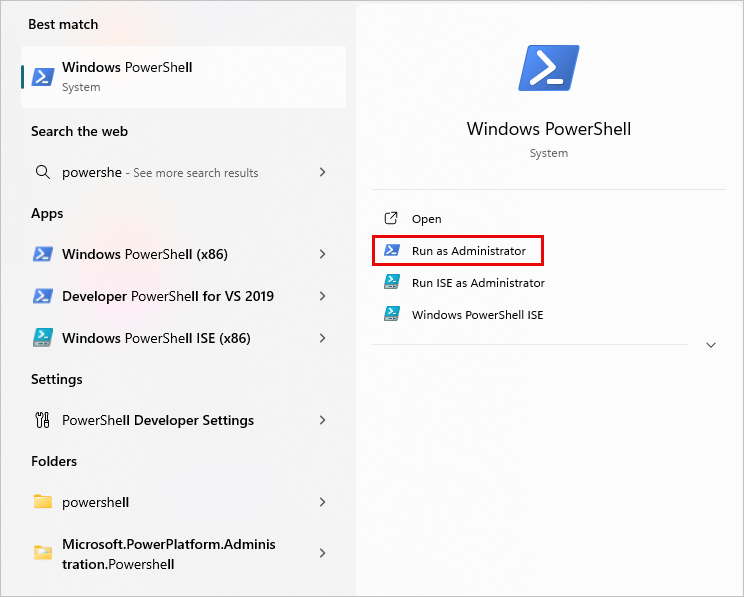 Screenshot of Windows Start menu with search for powershell with Run as Administrator highlighted.