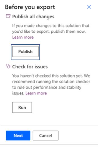Screenshot of the Before you export dialog with the Publish button highlighted.