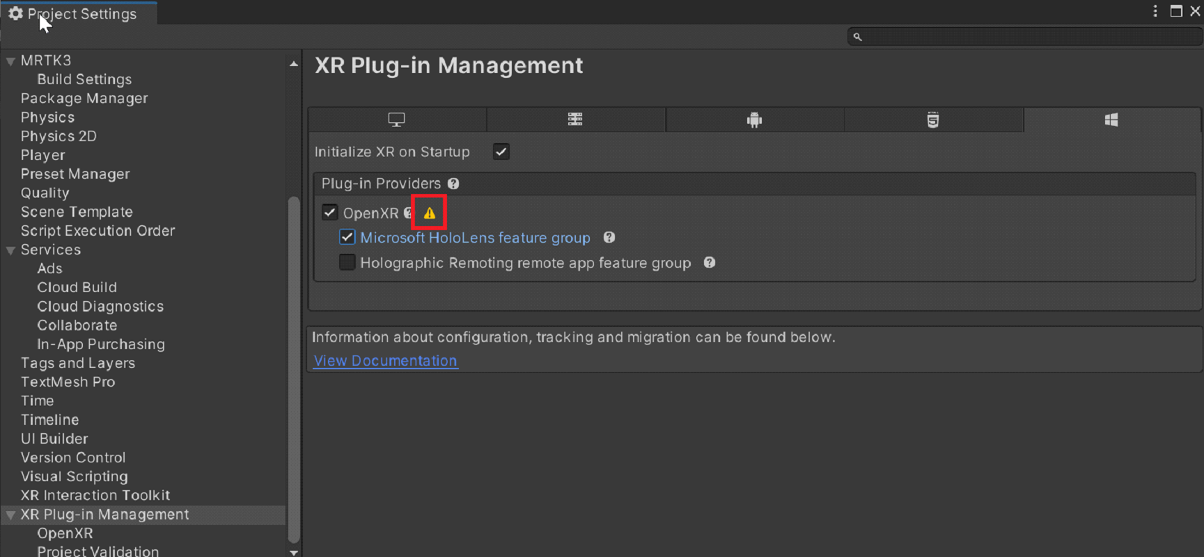 Snímek obrazovky možnosti Open XR