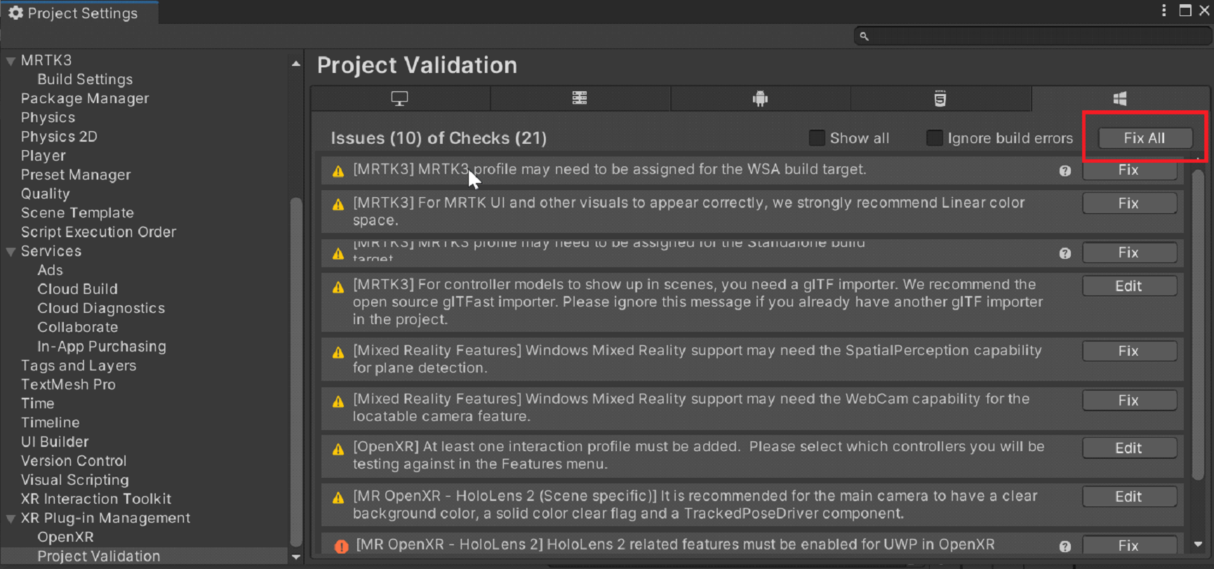 snímek obrazovky s možností Opravit vše