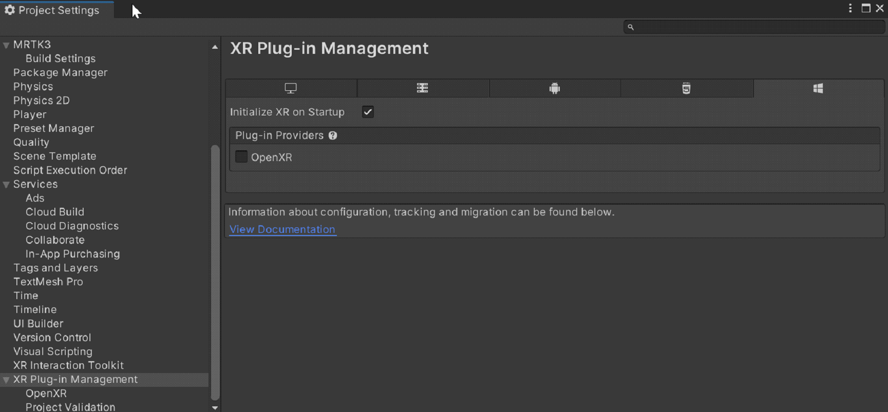snímek obrazovky inicializace XR při spuštění