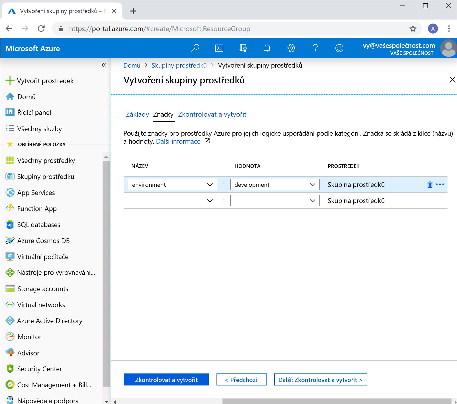 Screenshot that shows how to assign a tag when you create a resource group.